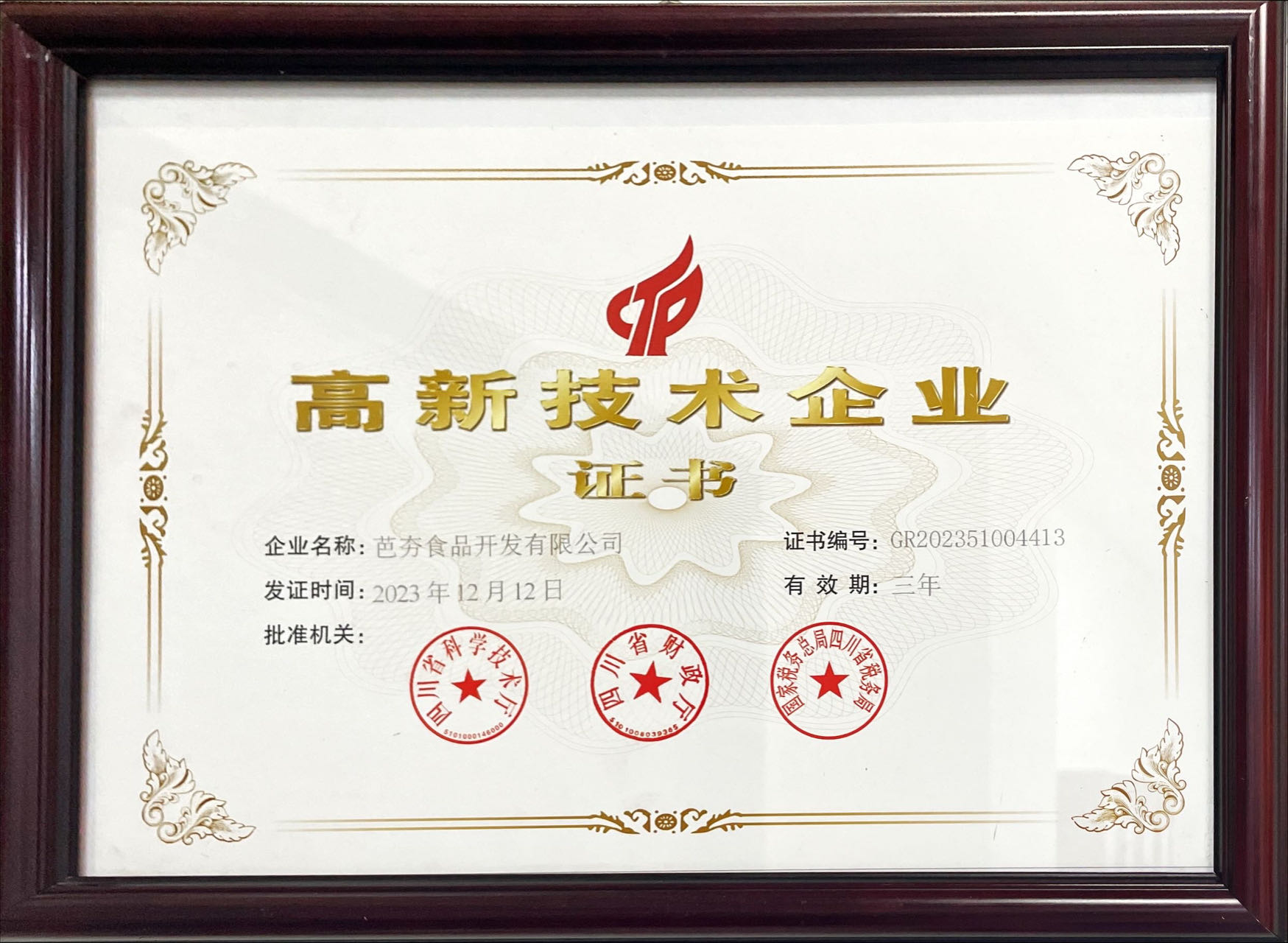 高新技术企业证书
